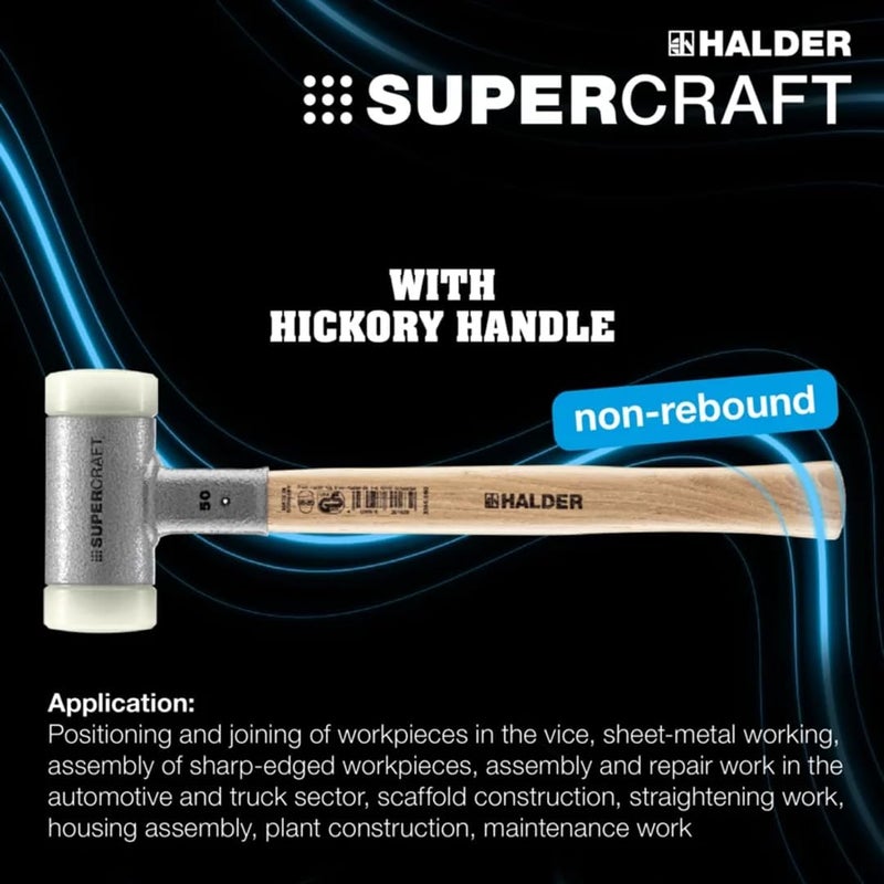Halder SuperCraft Dead Blow Mallet 3366.045 - Non-Rebounding Mallet, Hard Nylon Inserts, Hickory Wood Handle with Overstrike Protector, 45mm, 1.8 lbs. - Image 2